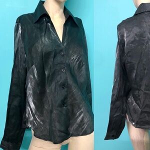 Vtg 90s Women's Black Metallic Shiny Shimmer Retro Collared Button Down Blouse~L